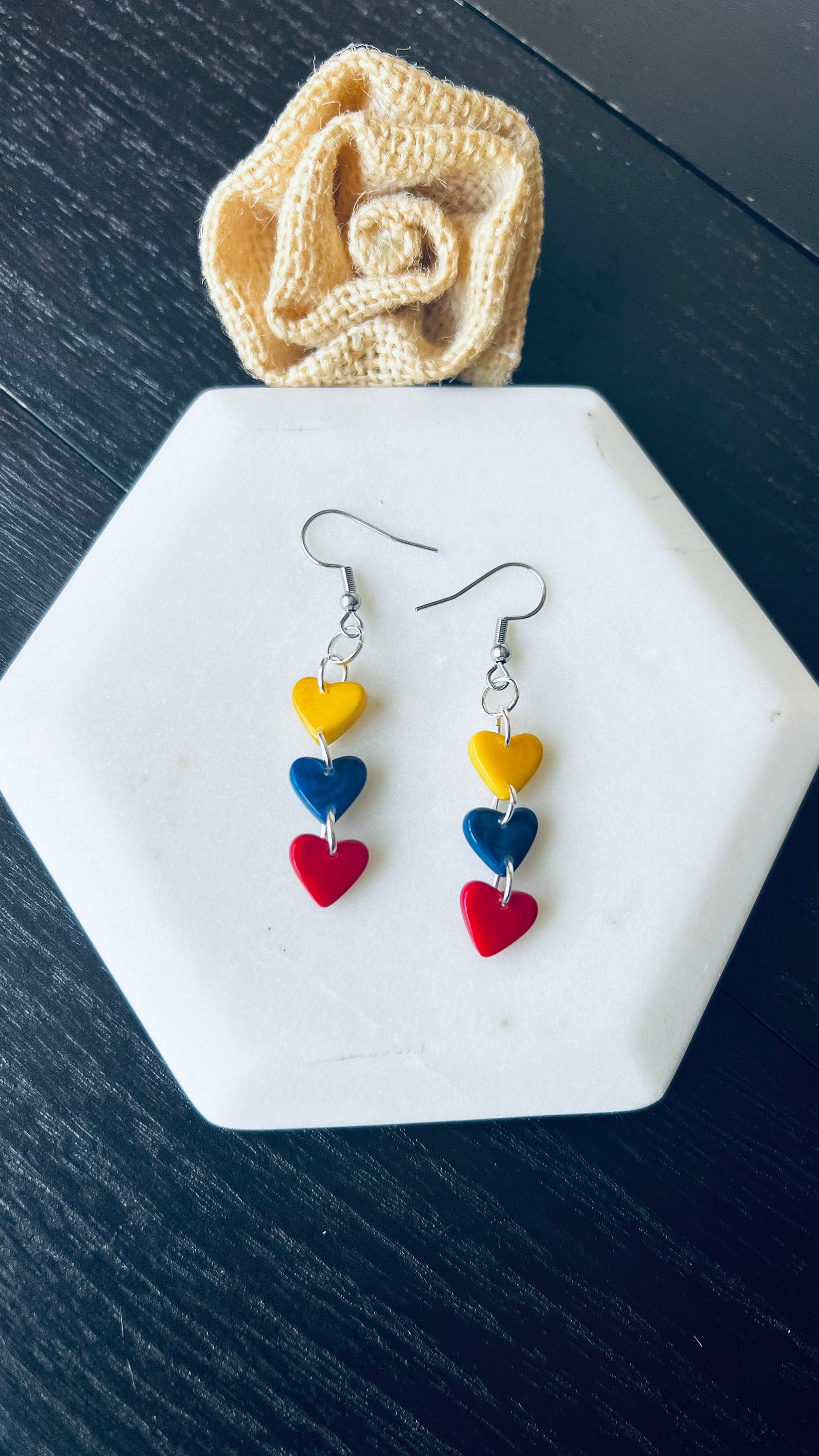 Ecuador flag earrings Dangle and drop earrings Tagua nut jewelry Waterfall earrings Gifts from Colombia Wearable art Venezuela pride