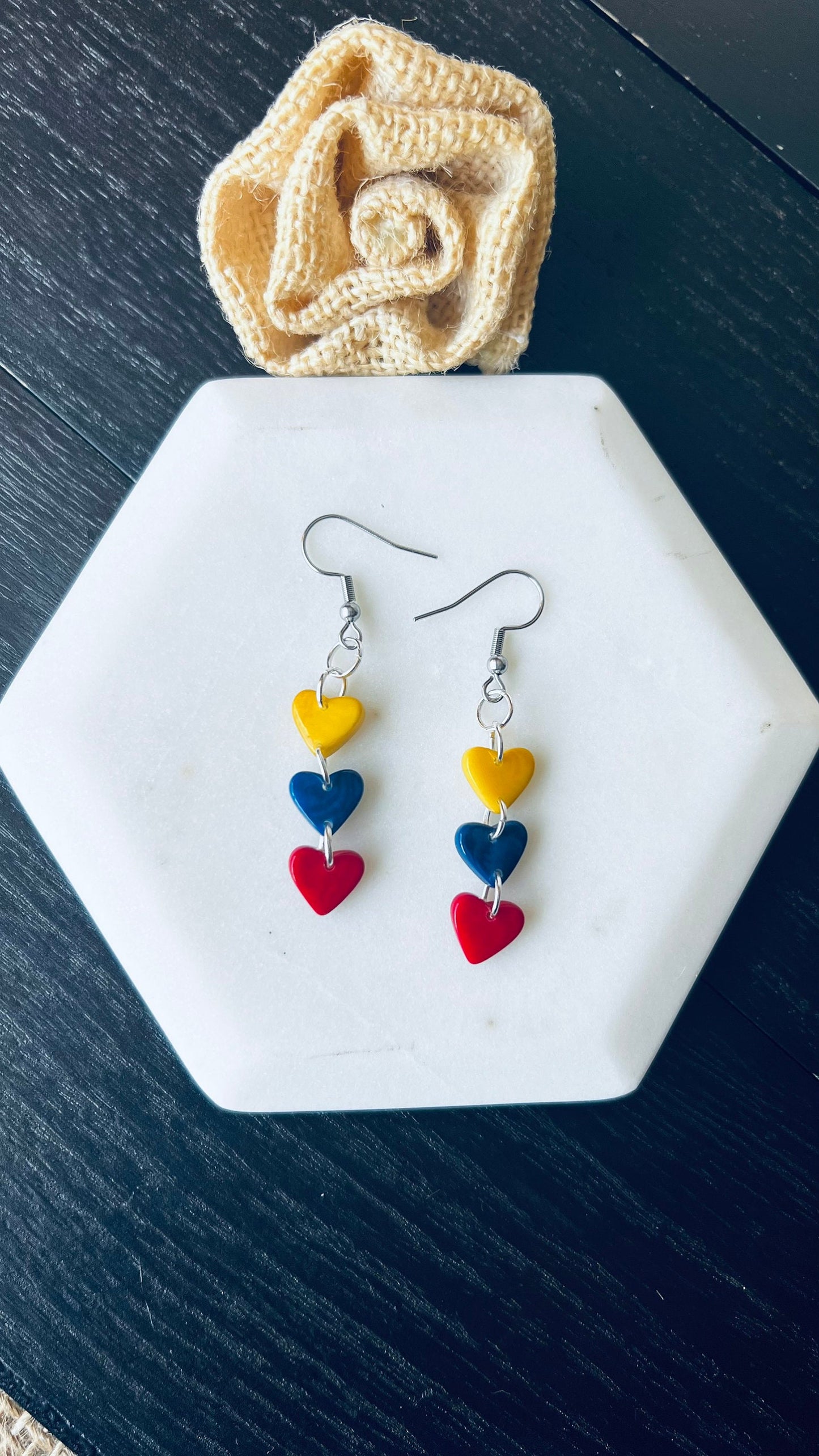 Ecuador flag earrings Dangle and drop earrings Tagua nut jewelry Waterfall earrings Gifts from Colombia Wearable art Venezuela pride