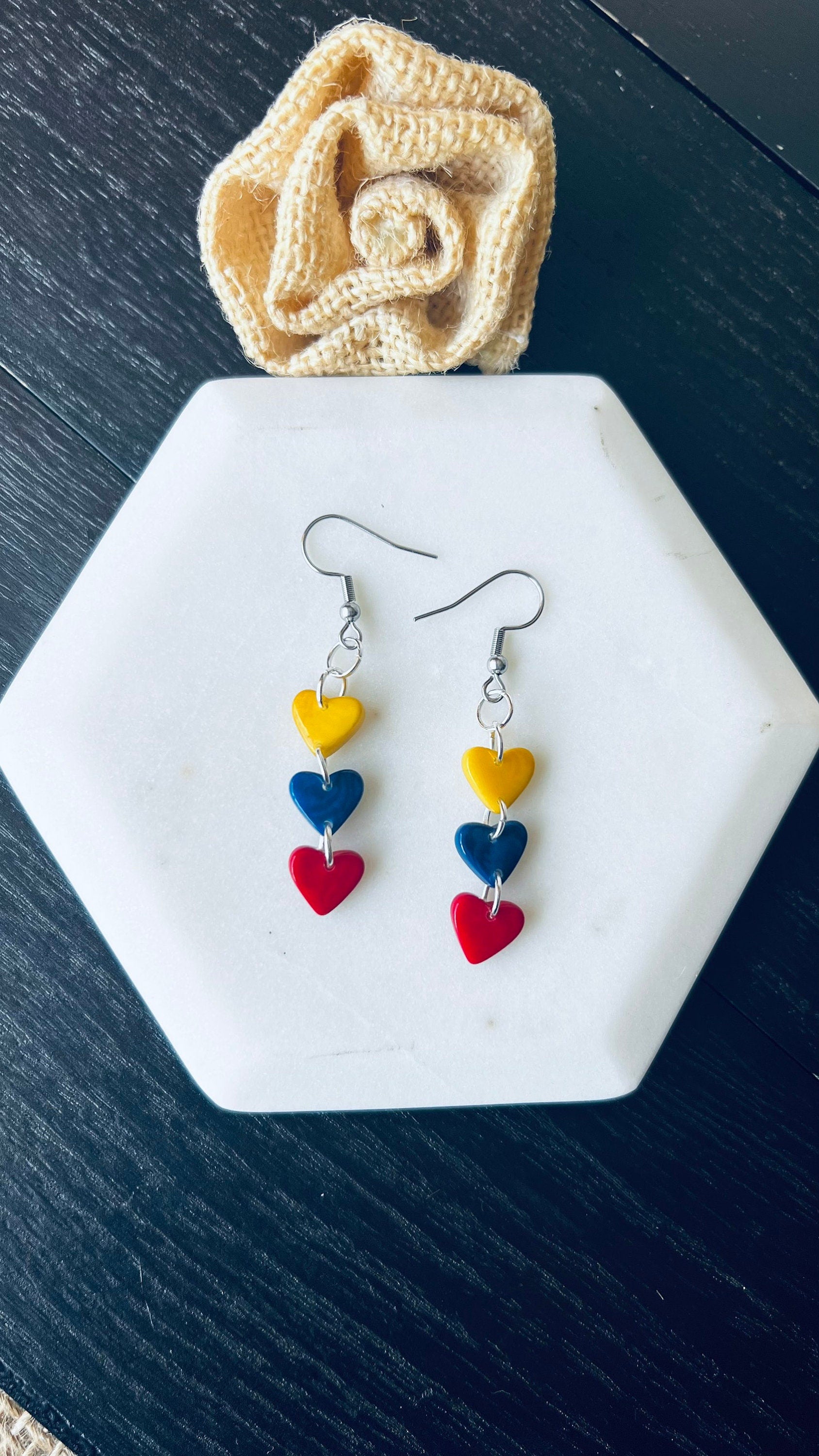 Ecuador flag earrings Dangle and drop earrings Tagua nut jewelry Waterfall earrings Gifts from Colombia Wearable art Venezuela pride
