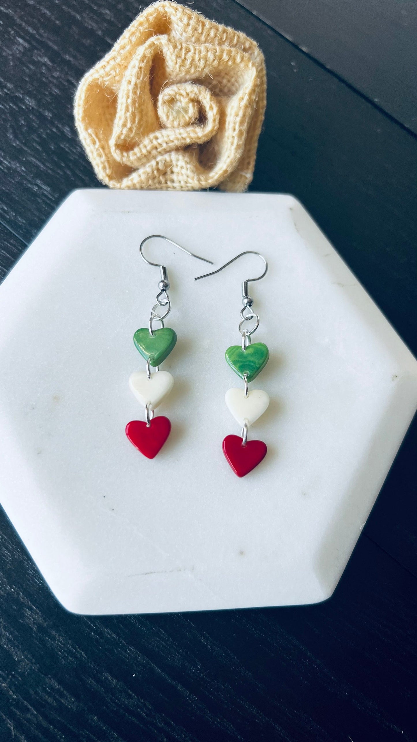 Italy flag earrings Red green and white heart shaped beads earrings Tagua jewelry Fall fashion Fall fashion 2025s Wearable art
