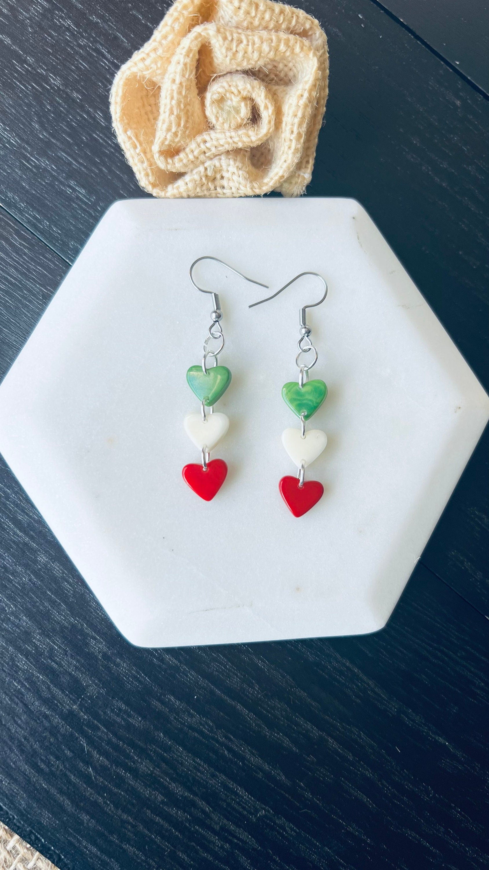 Italy flag earrings Red green and white heart shaped beads earrings Tagua jewelry Spring fashion Mothers day gifts Wearable art