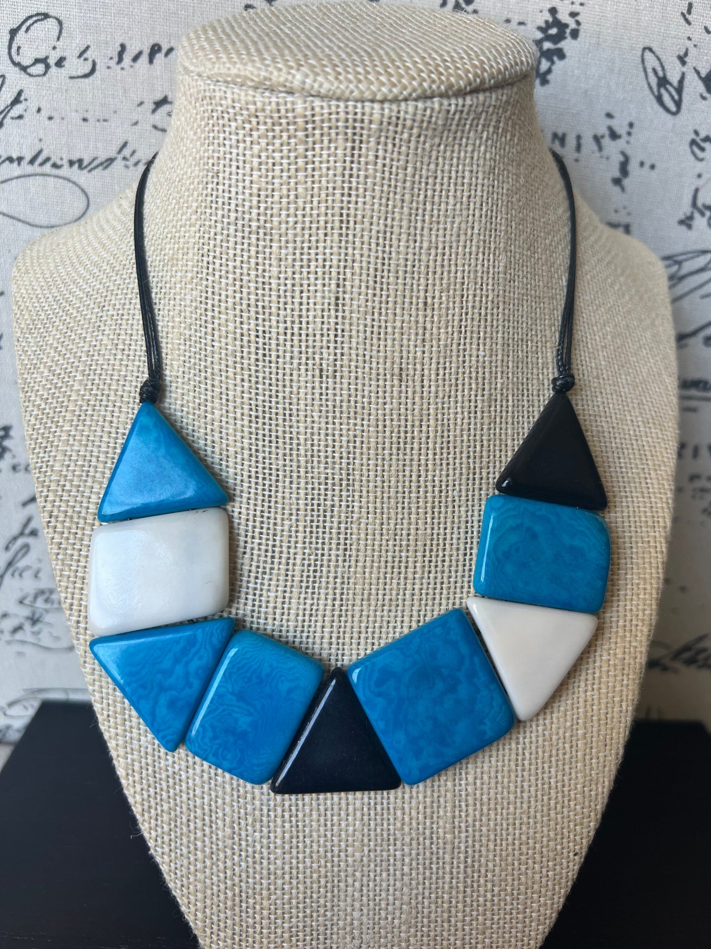 Turquoise blue and white beaded necklace Adjustable cord Tagua nut jewelry Fall fashion 2025 Artisan handmade necklace Wearable art