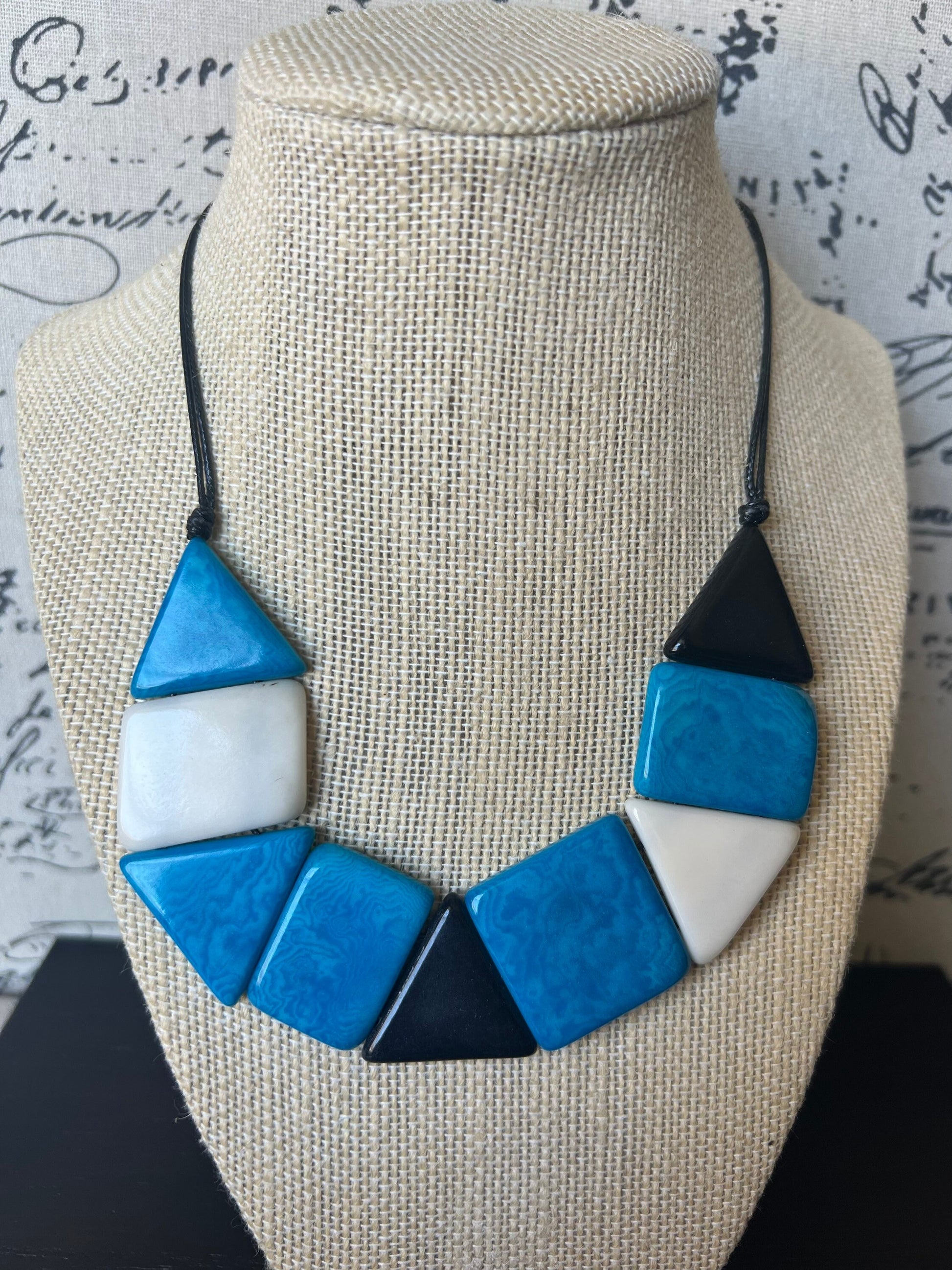 Turquoise blue and white beaded necklace Adjustable cord Tagua nut jewelry Fall fashion 2025 Artisan handmade necklace Wearable art