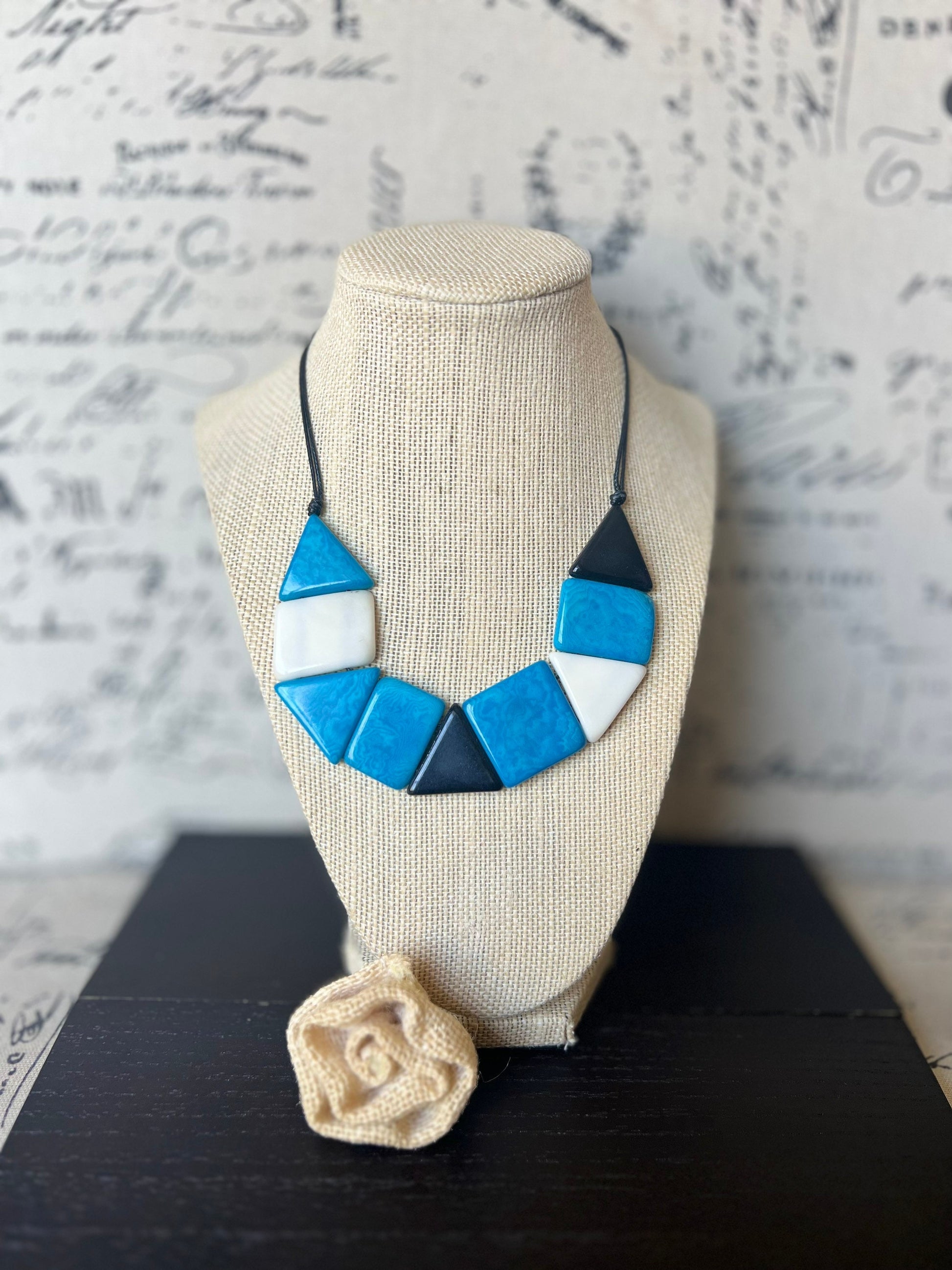 Turquoise blue and white beaded necklace Adjustable cord Tagua nut jewelry Fall fashion 2025 Artisan handmade necklace Wearable art