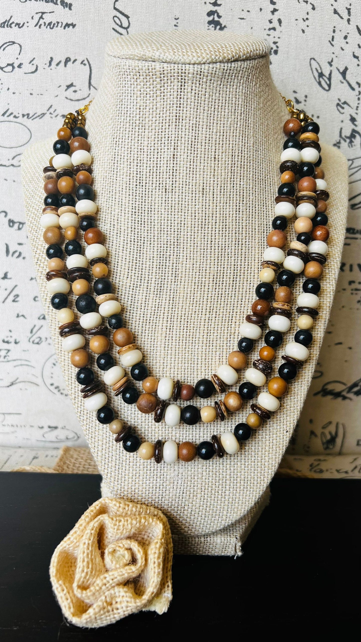 Brown white and black fashion multi strand necklace Mothers day gift Lightweight with gold chain Adjustable chain Tagua necklace Art to wear