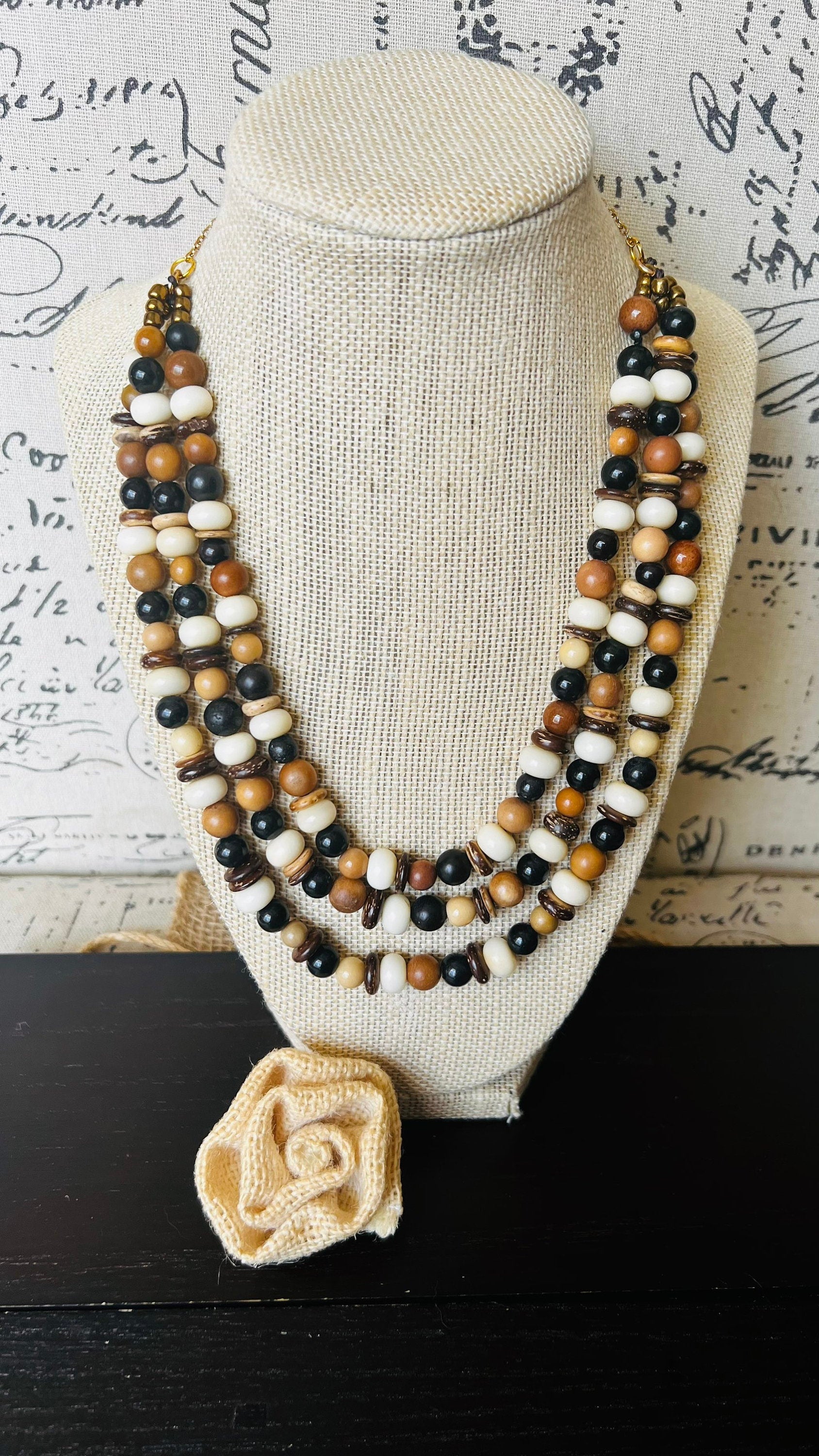 Brown white and black fashion multi strand necklace Mothers day gift Lightweight with gold chain Adjustable chain Tagua necklace Art to wear