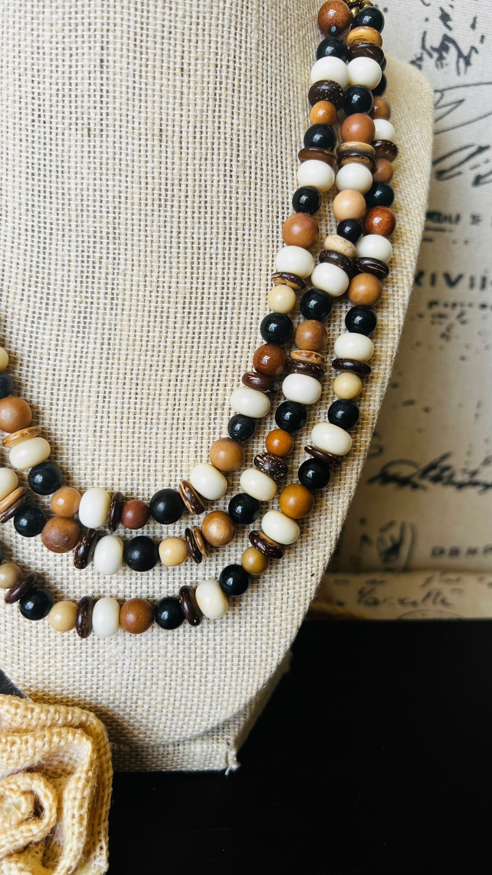 Brown white and black fashion multi strand necklace Mothers day gift Lightweight with gold chain Adjustable chain Tagua necklace Art to wear