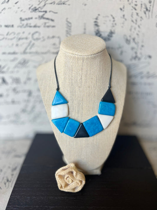 Turquoise blue and white beaded necklace Adjustable cord Tagua nut jewelry Fall fashion 2025 Artisan handmade necklace Wearable art