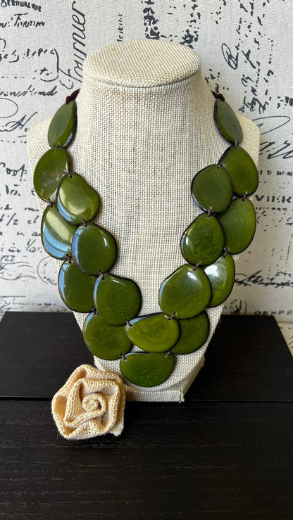 Olive green statement necklace Tagua jewelry Big bold necklaces Multi strand necklace Double layer necklace Wearable art Fall fashion