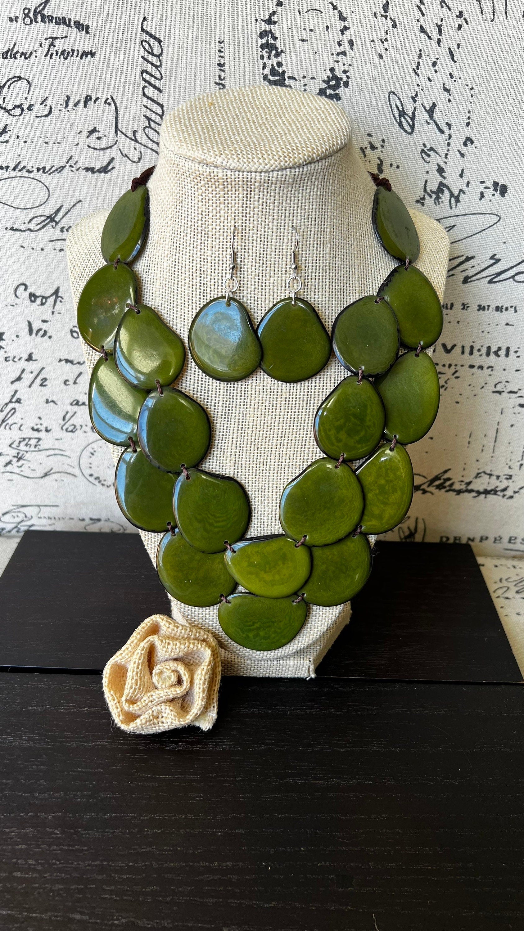 Green statement necklace set Tagua nut jewelry Fall fashion Wearable art Big bold necklaces Adjustable cord Fall fashion 2025s for wife