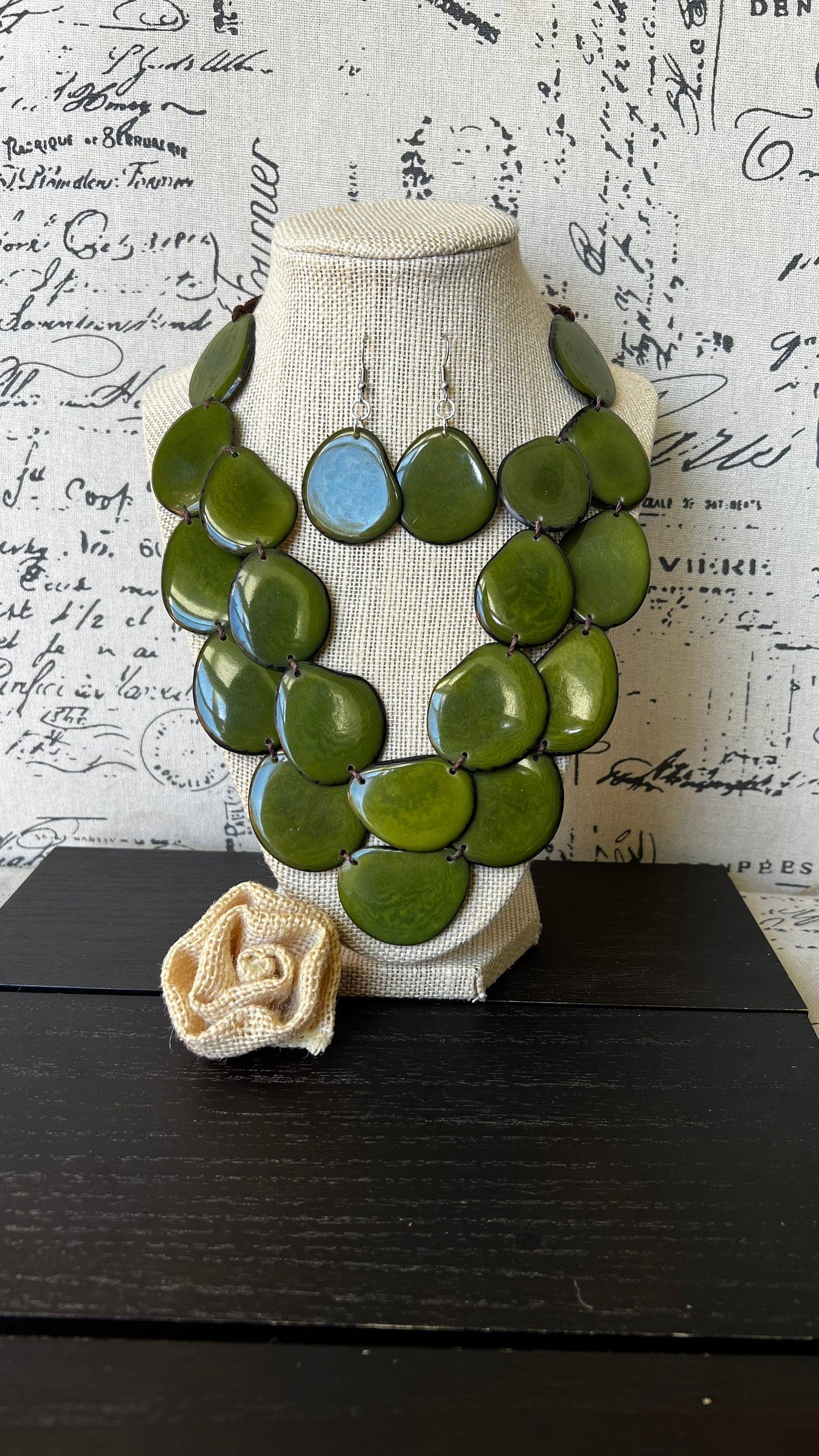 Green statement necklace set Tagua nut jewelry Fall fashion Wearable art Big bold necklaces Adjustable cord Fall fashion 2025s for wife