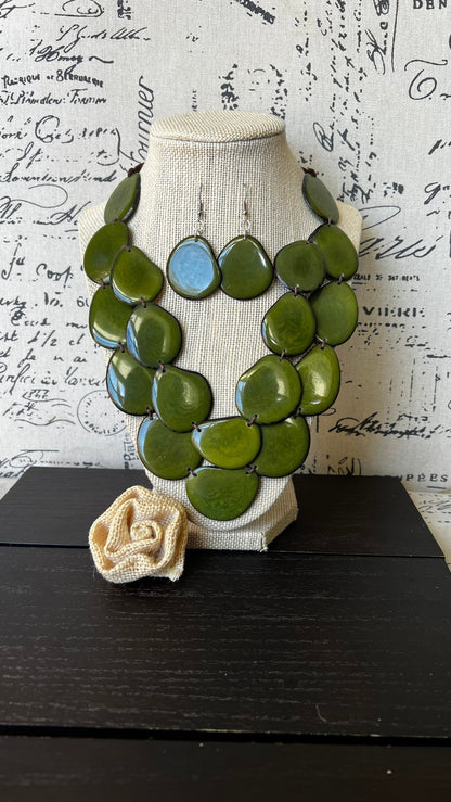 Green statement necklace set Tagua nut jewelry Fall fashion Wearable art Big bold necklaces Adjustable cord Fall fashion 2025s for wife