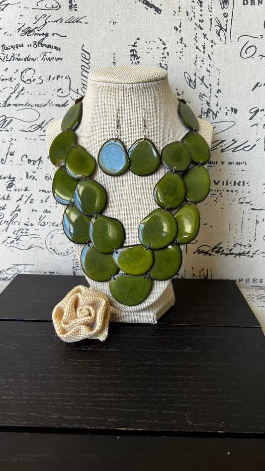 Green statement necklace set Tagua nut jewelry Fall fashion Wearable art Big bold necklaces Adjustable cord Fall fashion 2025s for wife