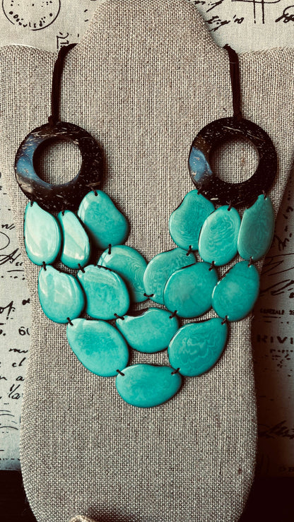 Turquoise green Tagua necklace with coconut shell accents Statement necklace Layered beaded bib with leather strap Big bold chunky necklace