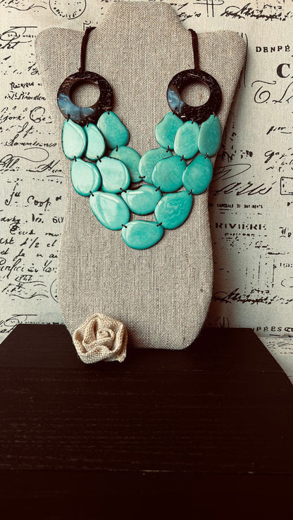 Turquoise statement necklace with coconut shell accent Tagua jewelry Big bold chunky necklace Wearable art Multi strand necklace Mothers day