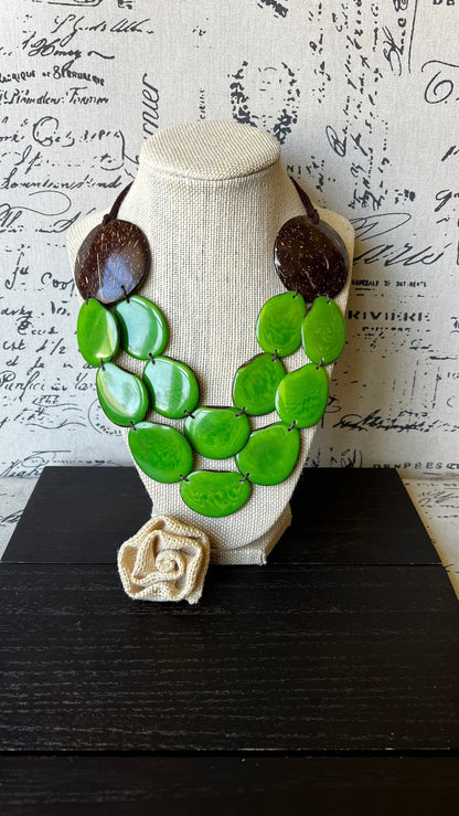 Green statement necklace Tagua jewelry with coconut shell accent Big bold chunky necklace Fall fashion 2025s Double layer Wearable art