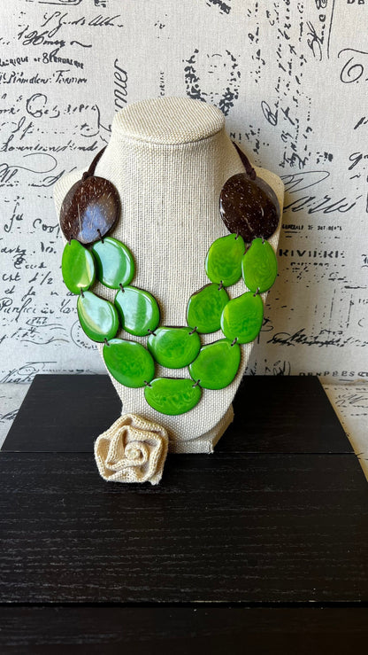 Green statement necklace Tagua jewelry with coconut shell accent Big bold chunky necklace Fall fashion 2025s Double layer Wearable art
