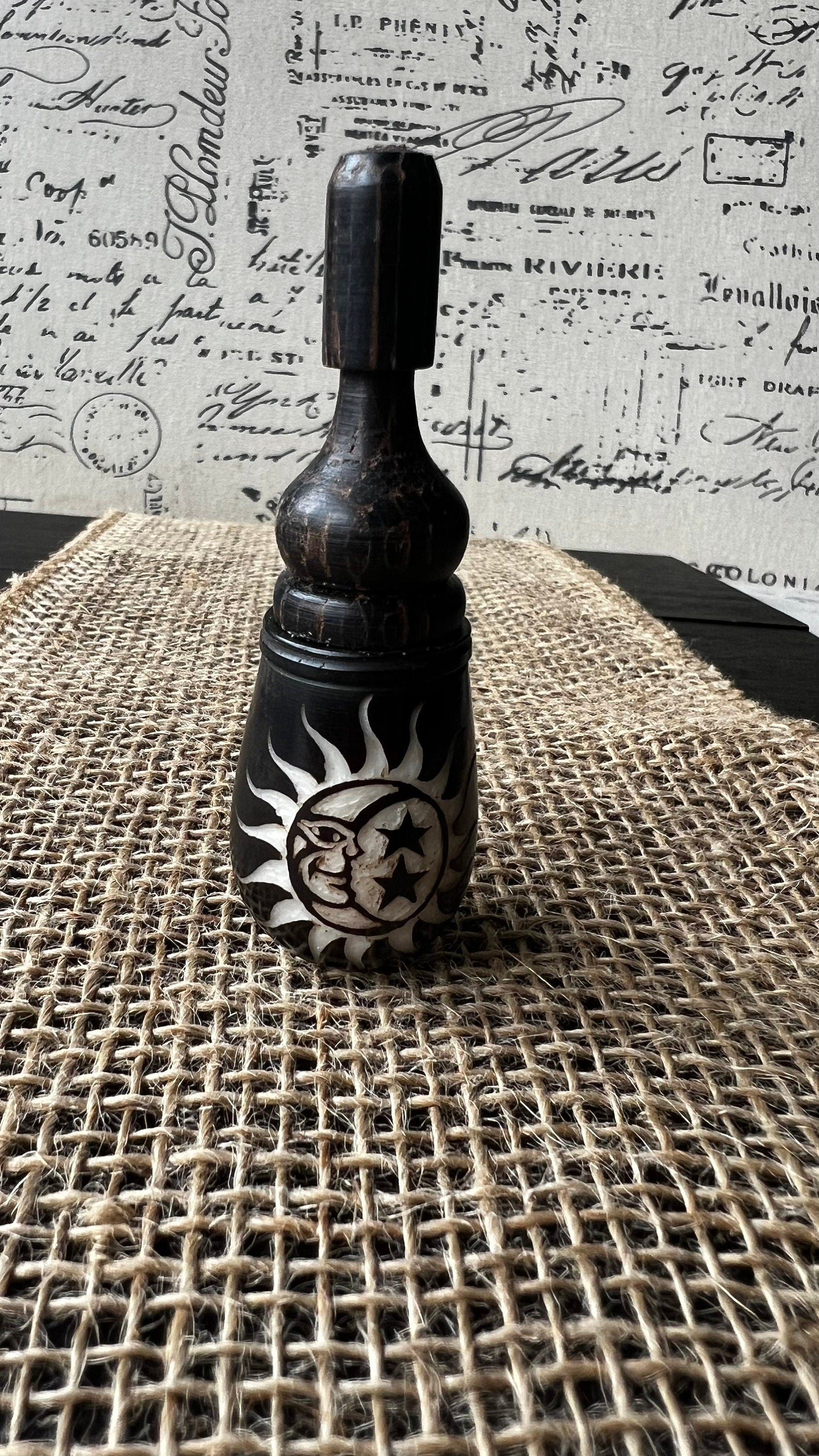 Sun moon stars smoking pipe Handmade tagua nut and wood pocket pipe One of a kind tribal hand pipe Natural Organic Gift for smokers