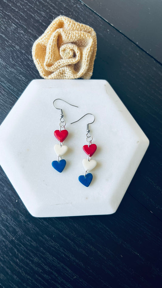 Multi color heart earrings dangle Tagua jewelry Casual earrings Fall fashion Wearable art French flag earrings USA patriotic earrings
