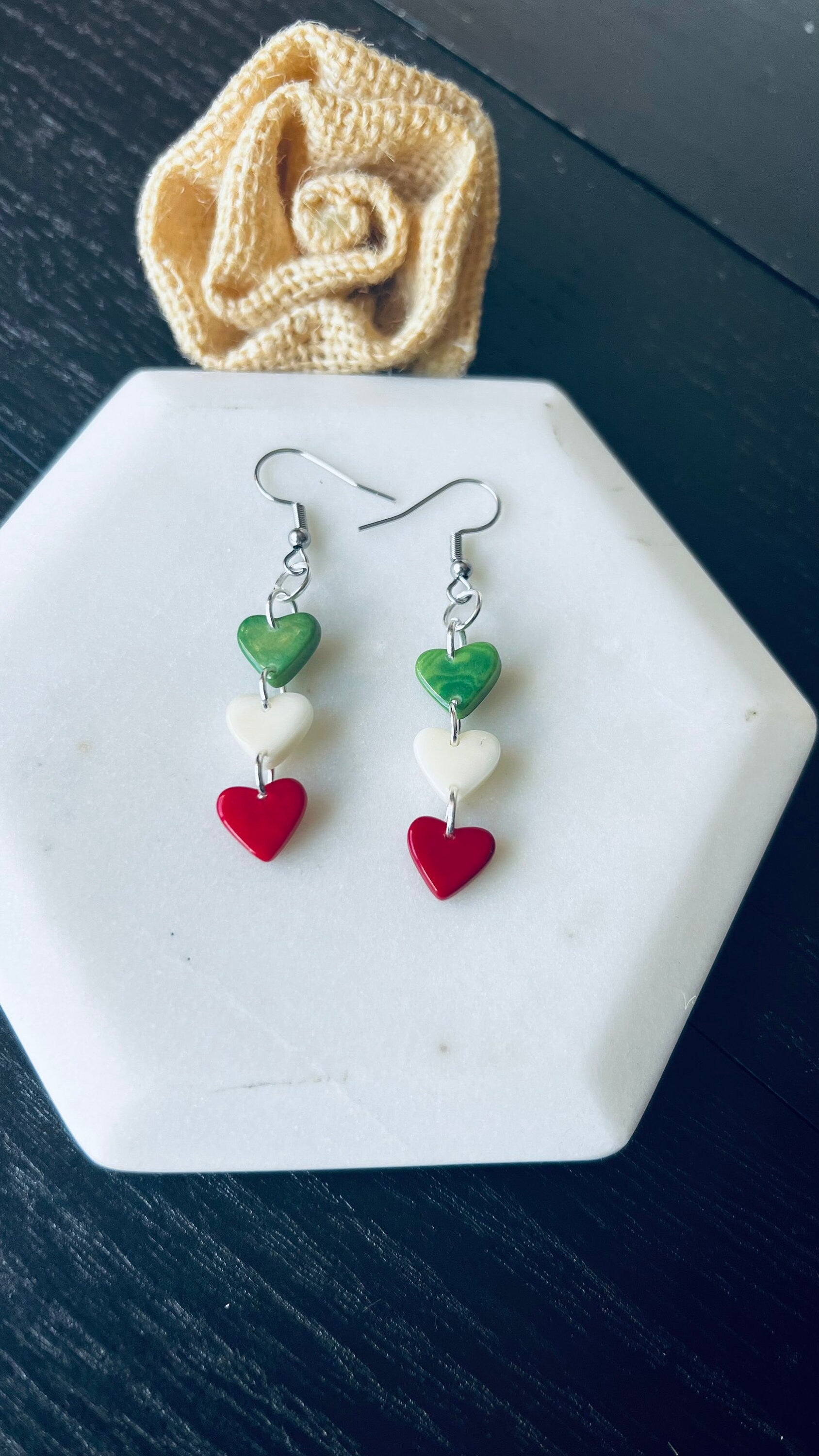 Italy flag earrings Red green and white heart shaped beads earrings Tagua jewelry Spring fashion Mothers day gifts Wearable art