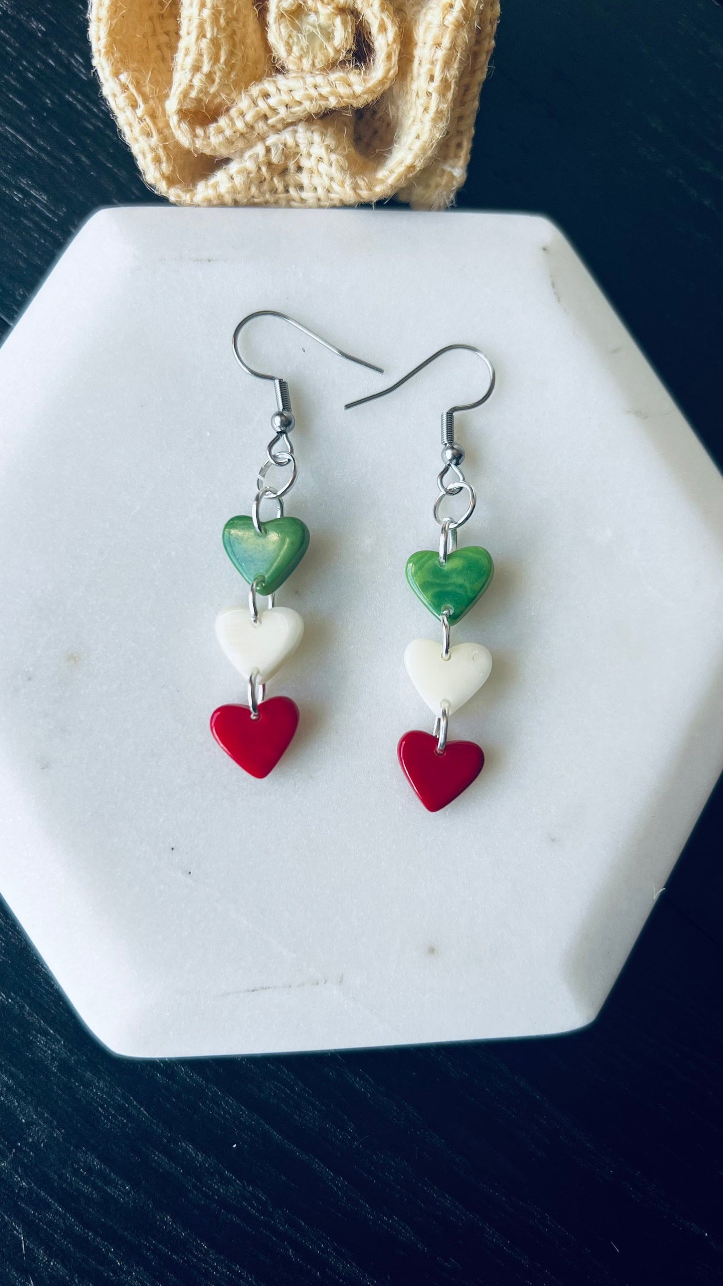 Italy flag earrings Red green and white heart shaped beads earrings Tagua jewelry Fall fashion Fall fashion 2025s Wearable art