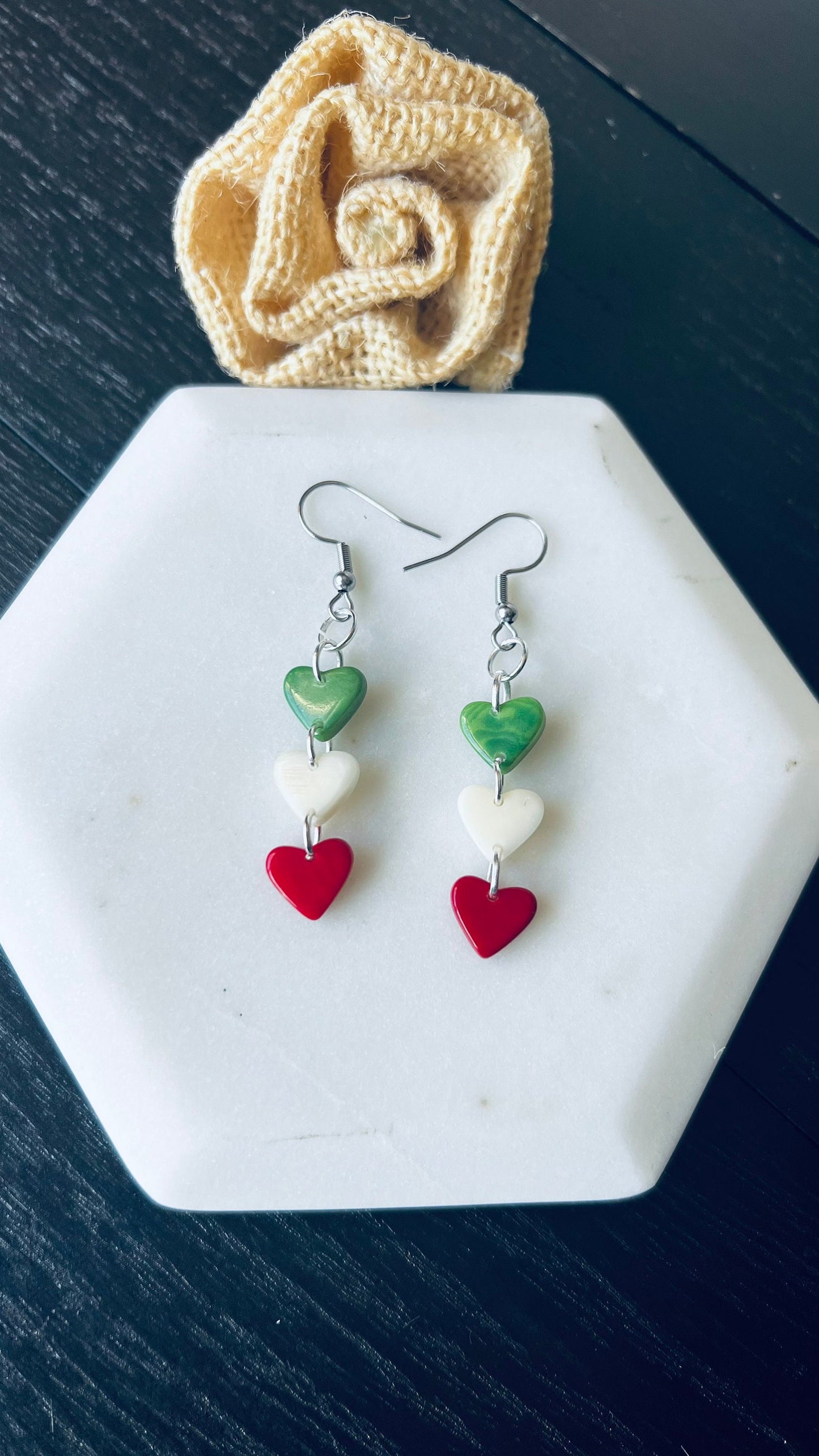 Italy flag earrings Red green and white heart shaped beads earrings Tagua jewelry Spring fashion Mothers day gifts Wearable art