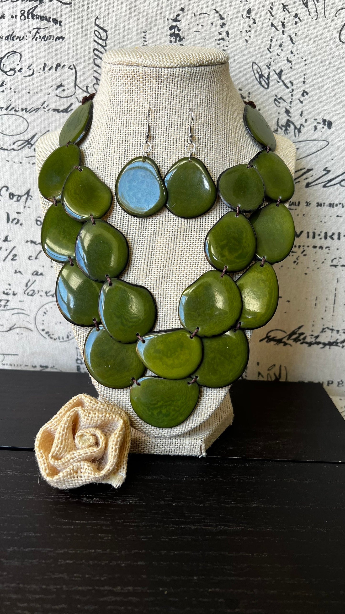 Green statement necklace set Tagua nut jewelry Fall fashion Wearable art Big bold necklaces Adjustable cord Fall fashion 2025s for wife