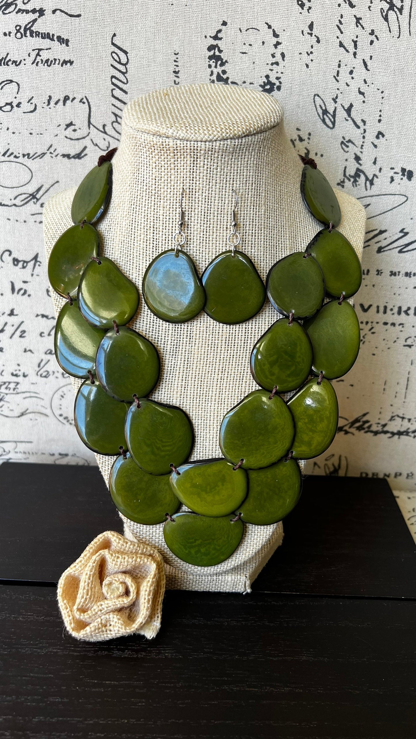 Green statement necklace set Tagua nut jewelry Fall fashion Wearable art Big bold necklaces Adjustable cord Fall fashion 2025s for wife