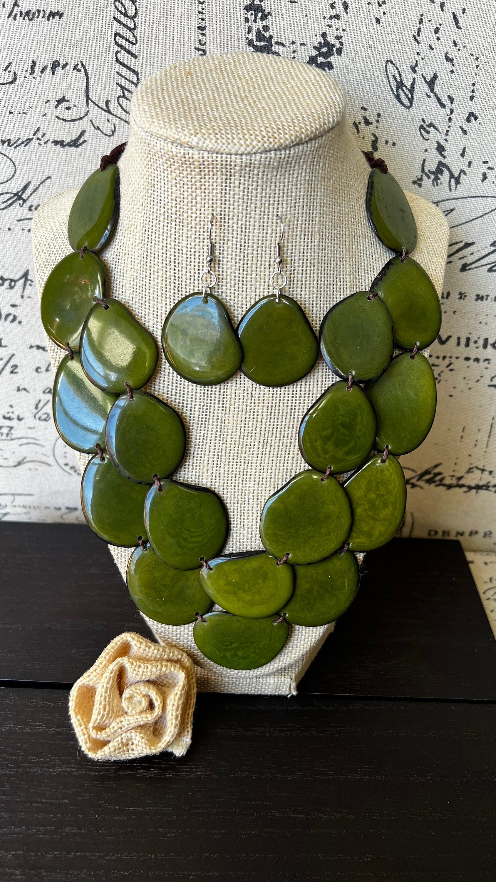 Green statement necklace set Tagua nut jewelry Fall fashion Wearable art Big bold necklaces Adjustable cord Fall fashion 2025s for wife