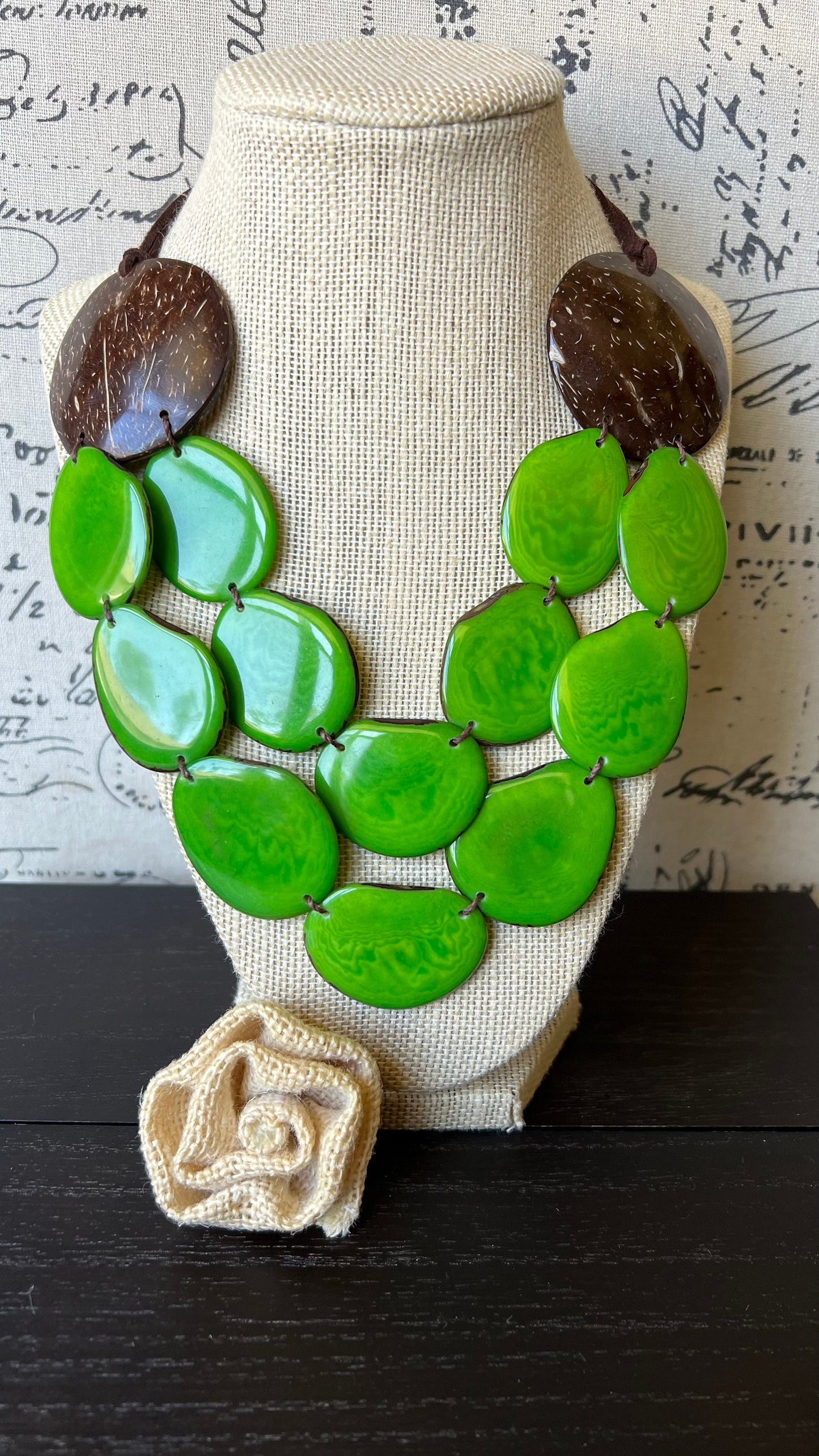 Green statement necklace Tagua jewelry with coconut shell accent Big bold chunky necklace Fall fashion 2025s Double layer Wearable art