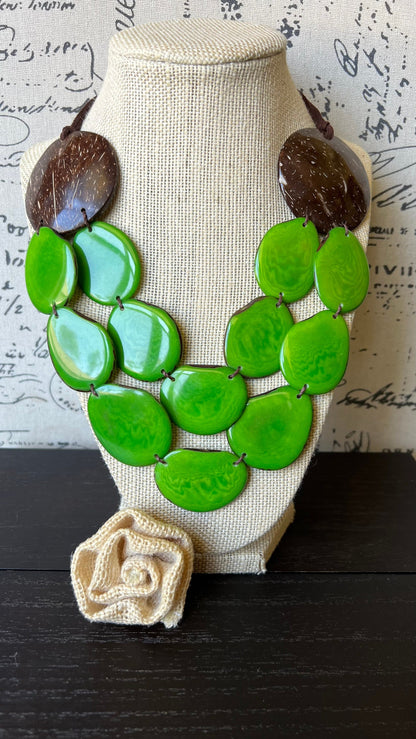 Green statement necklace Tagua jewelry with coconut shell accent Big bold chunky necklace Fall fashion 2025s Double layer Wearable art