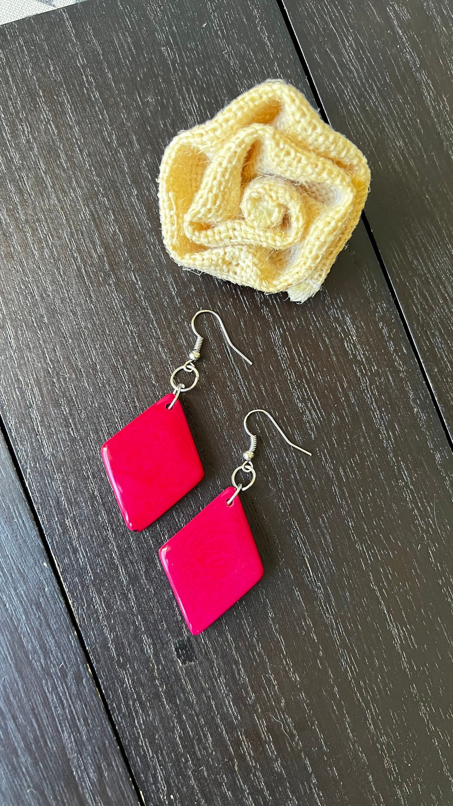 Hot Pink Tagua Nut Earrings, Diamond Dangle Earrings, Hypoallergenic drop earrings, Lightweight jewelry