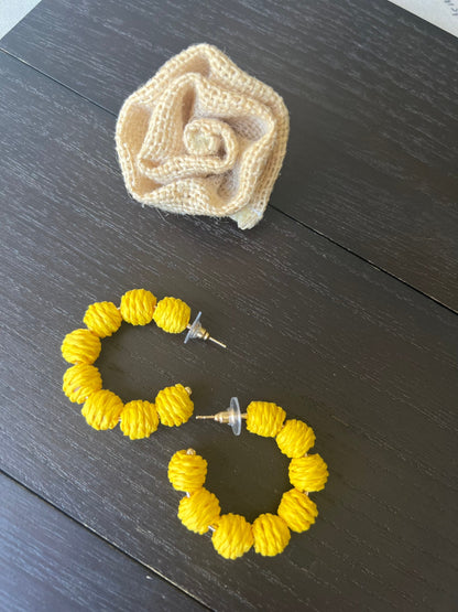 Yellow hoop earrings Statement rafia earrings Anniversary gift for wife Wearable art Fall fashion trends Hypoallergenic hoops Artsy gifts