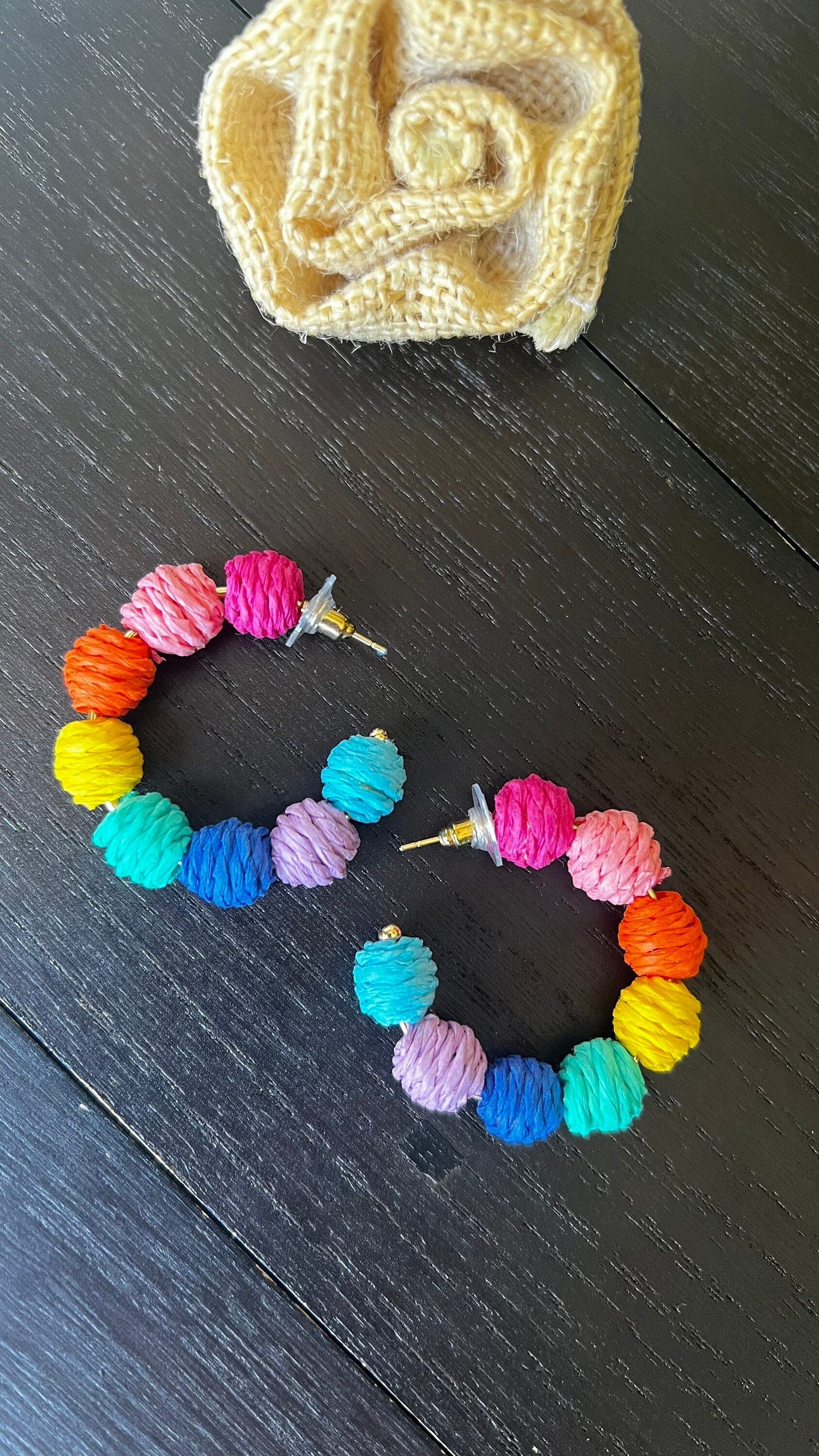 Rainbow hoop earrings Statement rafia earrings Wearable art Beach trendy style Fall fashion 2025s Pride jewelry Multi color earrings