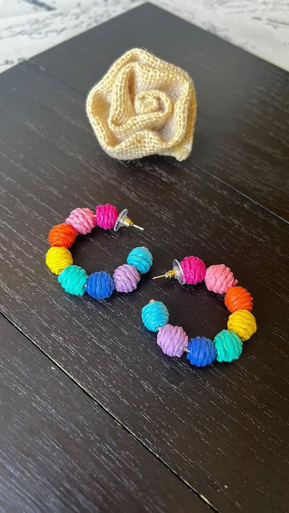 Rainbow hoop earrings Statement rafia earrings Wearable art Beach trendy style Fall fashion 2025s Pride jewelry Multi color earrings