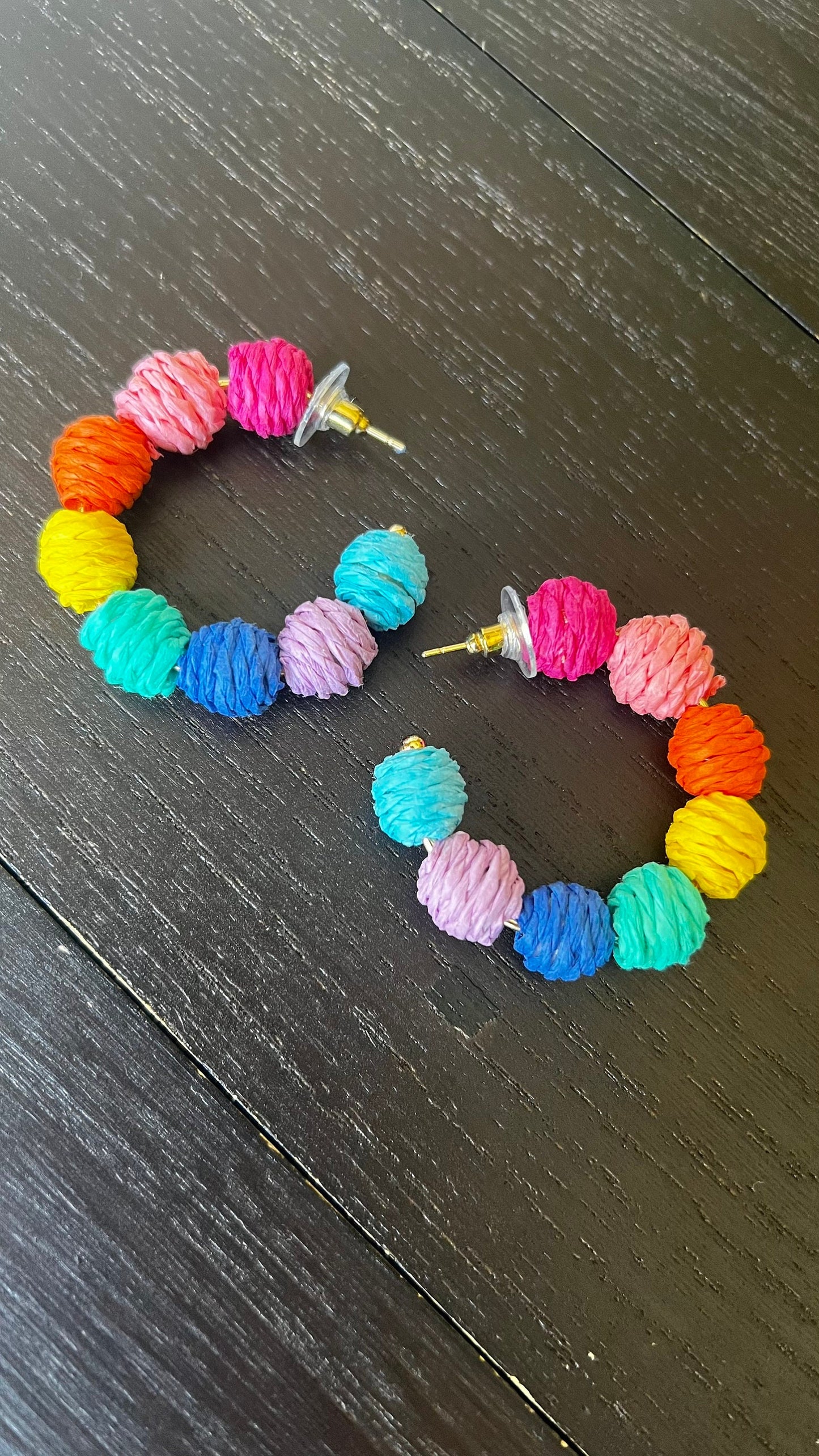 Rainbow hoop earrings Statement rafia earrings Wearable art Beach trendy style Fall fashion 2025s Pride jewelry Multi color earrings