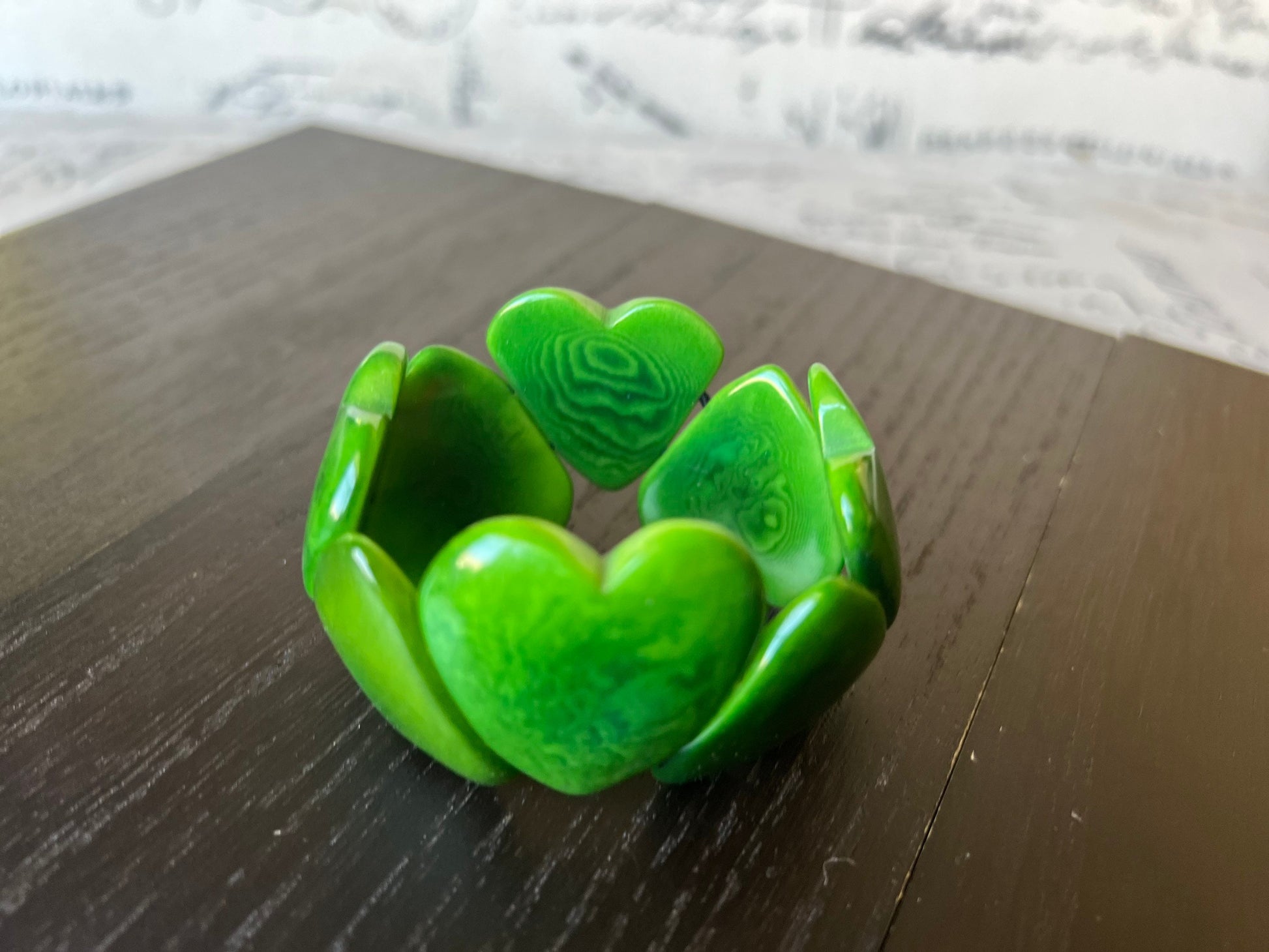 Green heart shaped beads bracelet Tagua jewelry Fall fashion Love bangle Wearable art Elastic stretch bracelet