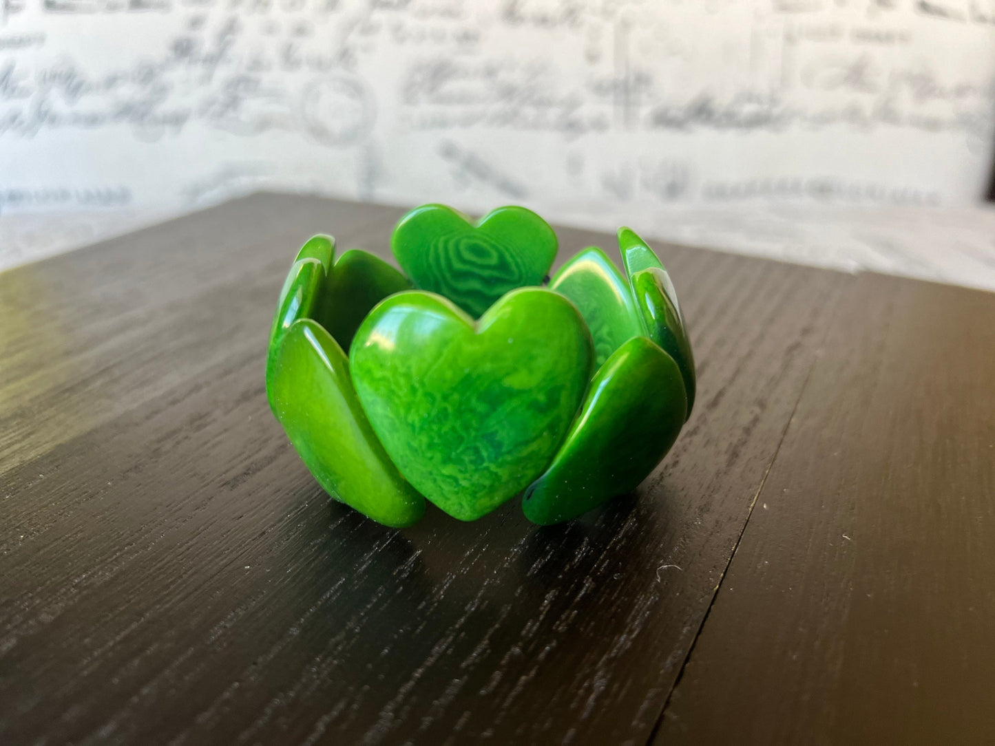 Green heart shaped beads bracelet Tagua jewelry Fall fashion Love bangle Wearable art Elastic stretch bracelet
