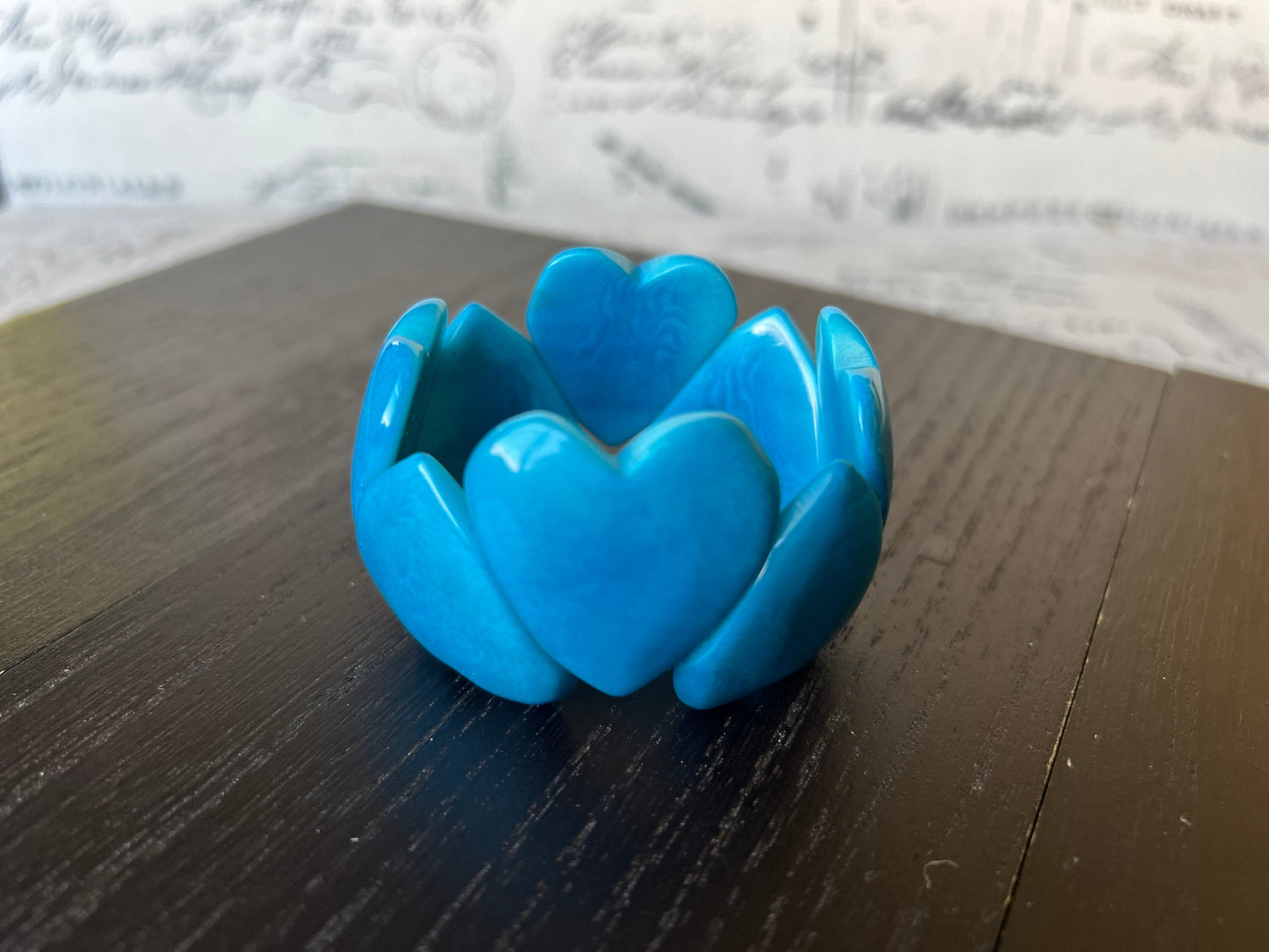 Turquoise blue heart bracelet Tagua jewelry Love bangle Wearable art Statement bracelets chunky Elastic stretch cuff bracelet Gift ideas