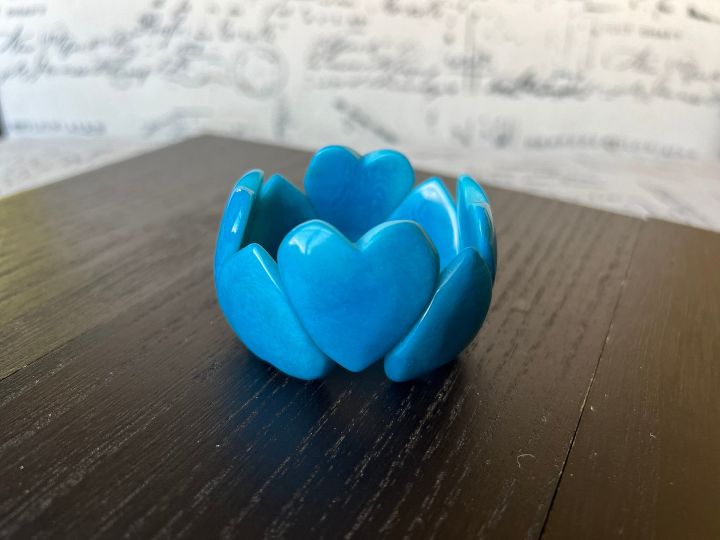 Turquoise blue heart bracelet Tagua jewelry Love bangle Wearable art Statement bracelets chunky Elastic stretch cuff bracelet Gift ideas