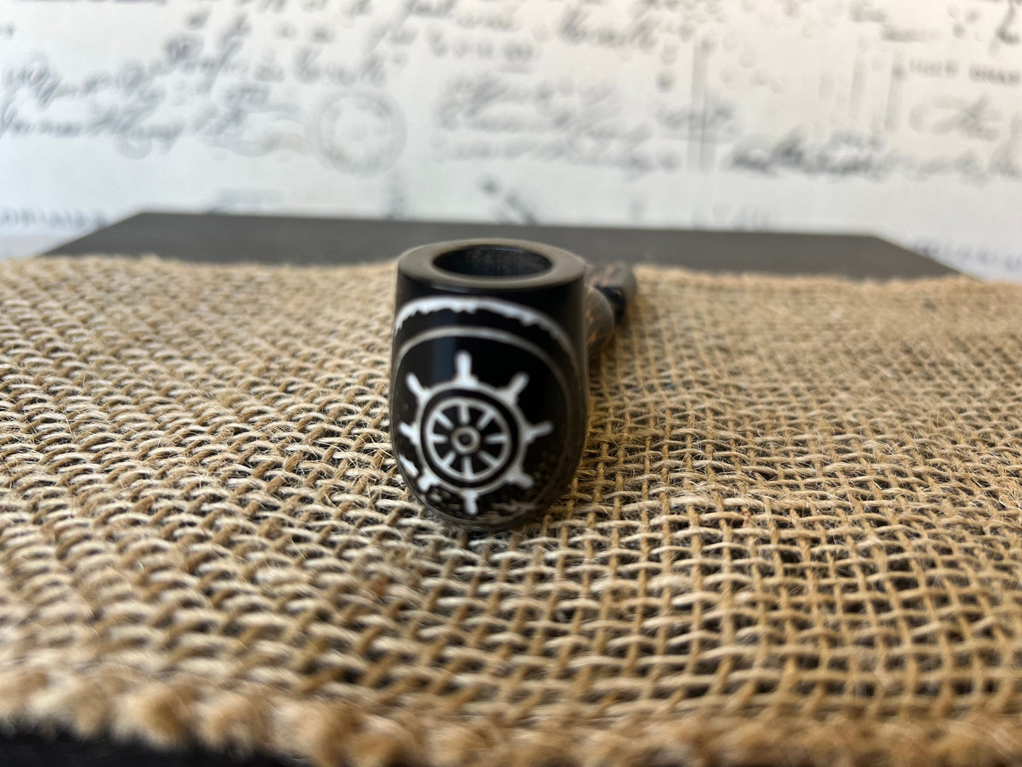 Ship wheel smoking pipe Handcrafted smoking bowl Handmade tagua nut and wood One of a kind tribal hand pipe Ceremonial ritual Marines gifts