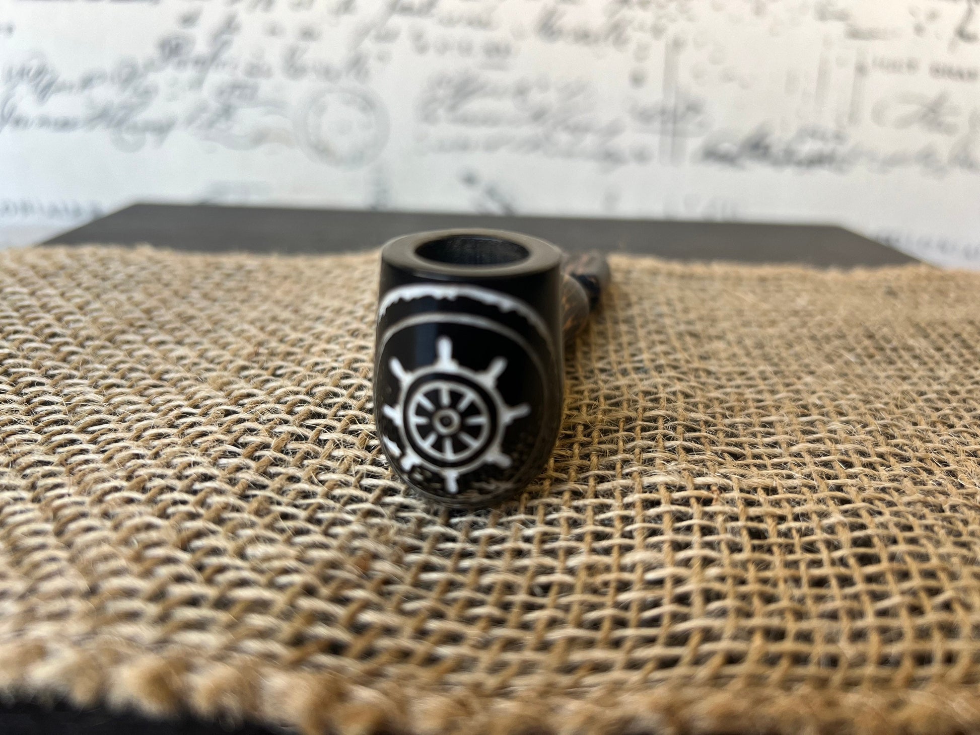 Ship wheel smoking pipe Handcrafted smoking bowl Handmade tagua nut and wood One of a kind tribal hand pipe Ceremonial ritual Marines gifts