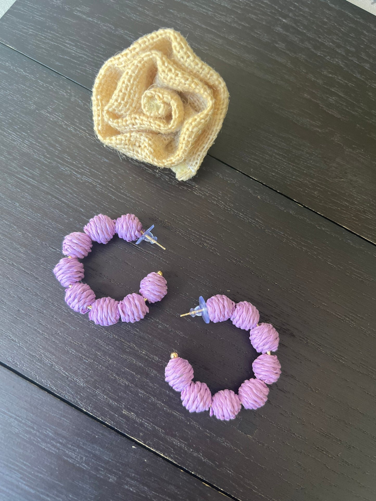 Lavender hoop earrings Statement rafia earrings Fall fashion Wearable art Artsy gifts One of a kind earrings Cruise wear Hypoallergenic