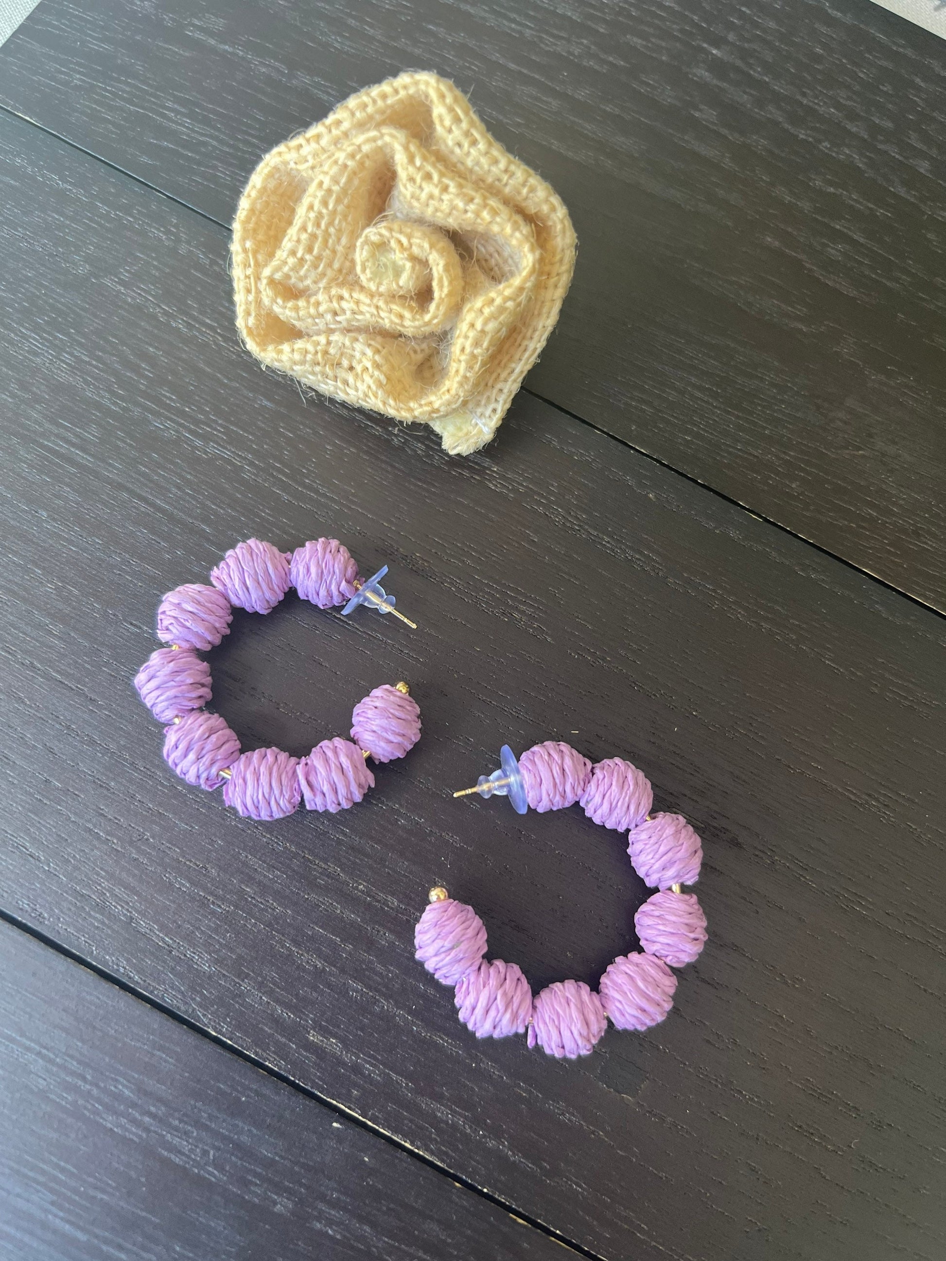 Lavender hoop earrings Statement rafia earrings Fall fashion Wearable art Artsy gifts One of a kind earrings Cruise wear Hypoallergenic