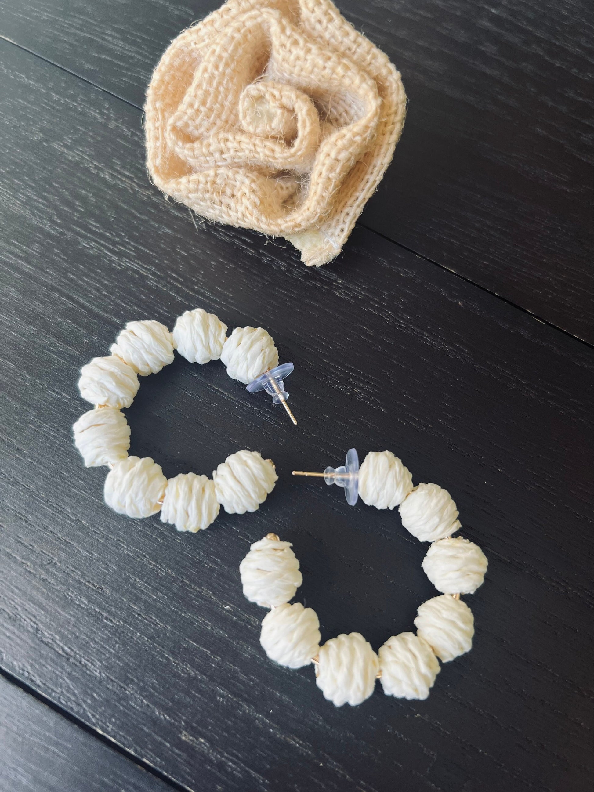 Ivory white hoop earrings Statement rafia earrings Anniversary gift for wife Fall trend Beach trendy style 14 year wedding anniversary gifts