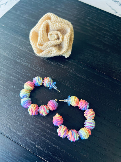 Rainbow hoop earrings Statement rafia earrings Fall fashion 2025s Wearable art Fall fashion Art to wear Big bold hoops Statement earrings