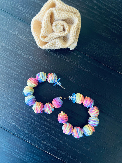 Rainbow hoop earrings Statement rafia earrings Fall fashion 2025s Wearable art Fall fashion Art to wear Big bold hoops Statement earrings
