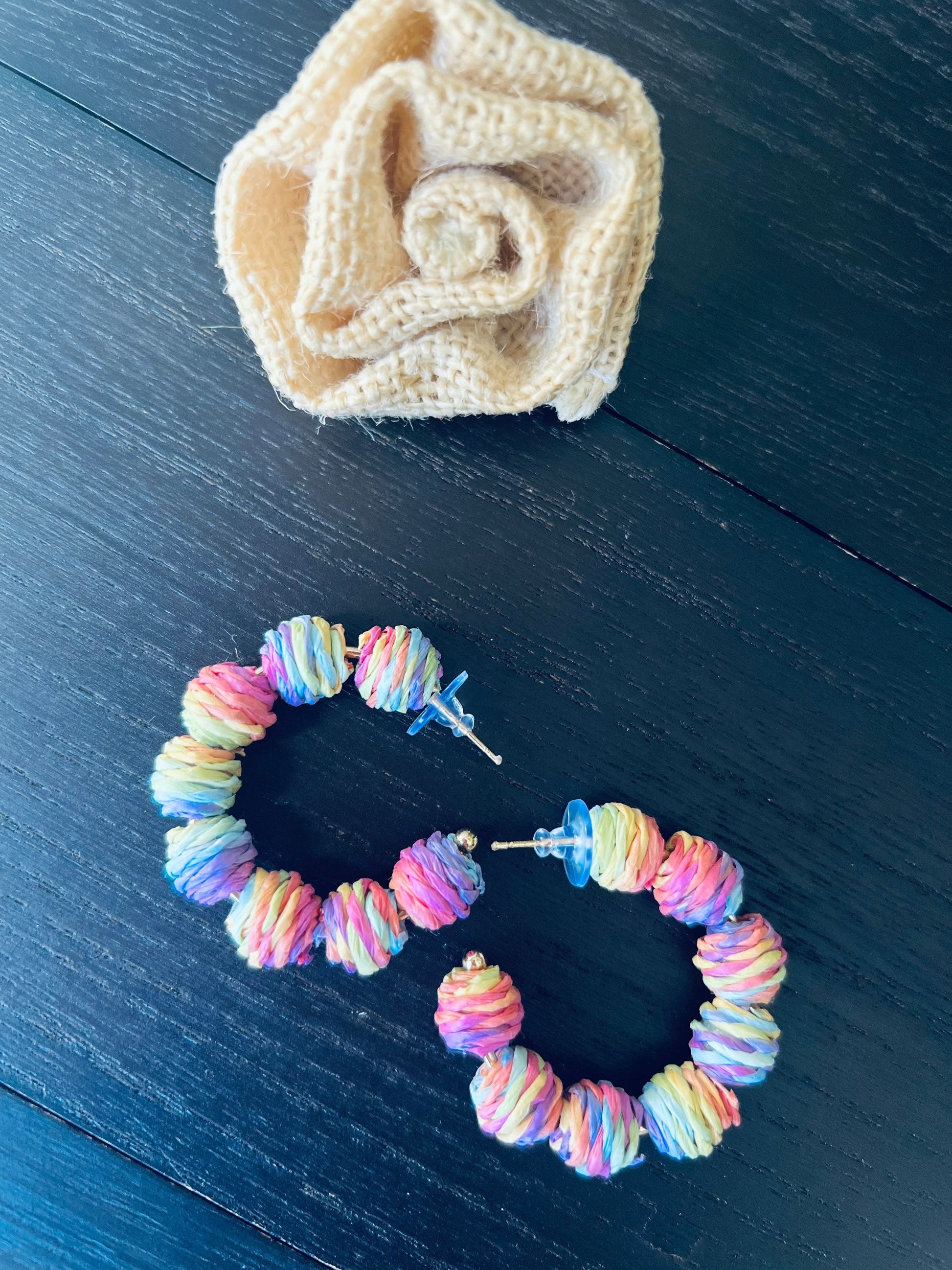 Rainbow hoop earrings Statement rafia earrings Fall fashion 2025s Wearable art Fall fashion Art to wear Big bold hoops Statement earrings