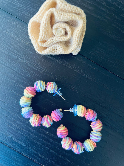 Rainbow hoop earrings Statement rafia earrings Fall fashion 2025s Wearable art Fall fashion Art to wear Big bold hoops Statement earrings
