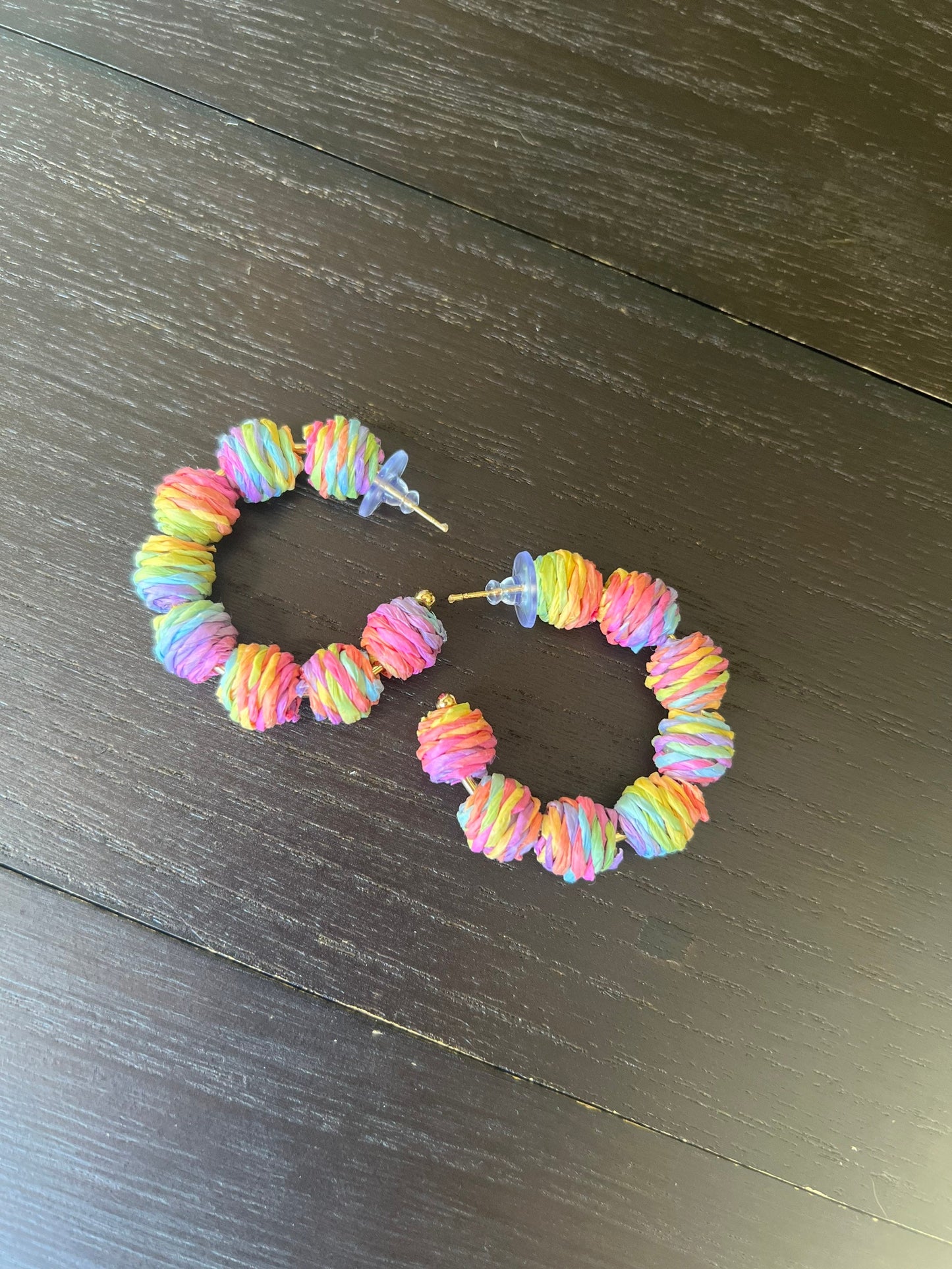 Rainbow hoop earrings Statement rafia earrings Fall fashion 2025s Wearable art Fall fashion Art to wear Big bold hoops Statement earrings